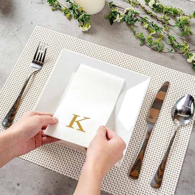 Luxenap 15.8 X 7.9 Inch Linen-Feel Guest Towels, 2000 Lettered Hand Towels - Gold Letter 'K', Sans Serif Font, White Paper Dinner Napkins, airlaid, For Restrooms And Tables