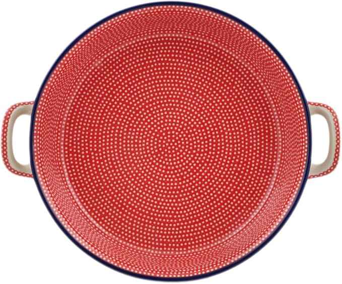 Polmedia Polish Pottery Round Baker with Handles 10-inch UNIKAT - Red Sea Pattern Handmade in Boleslawiec Poland by Ceramika Artystyczna + Certificate of Authenticity