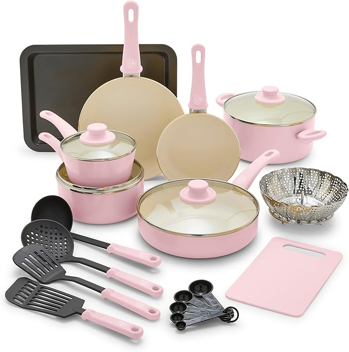 GreenLife Soft Grip Healthy Ceramic Nonstick 18 Piece Kitchen Cookware Pots and Frying Sauce Saute Pans Set, PFAS-Free with Kitchen Utensils and Lid, Dishwasher Safe, Soft Pink