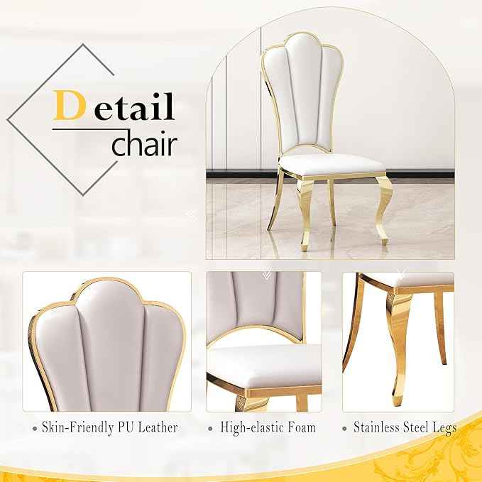 AF ARTISAN FURNITURE 7 Piece Luxury Dining Room Set, Modern Dining Table and Upholstered Chairs Set, Marble Kitchen Table Set for 6, Big Kitchen Dinner Tables Kit with Gold Base