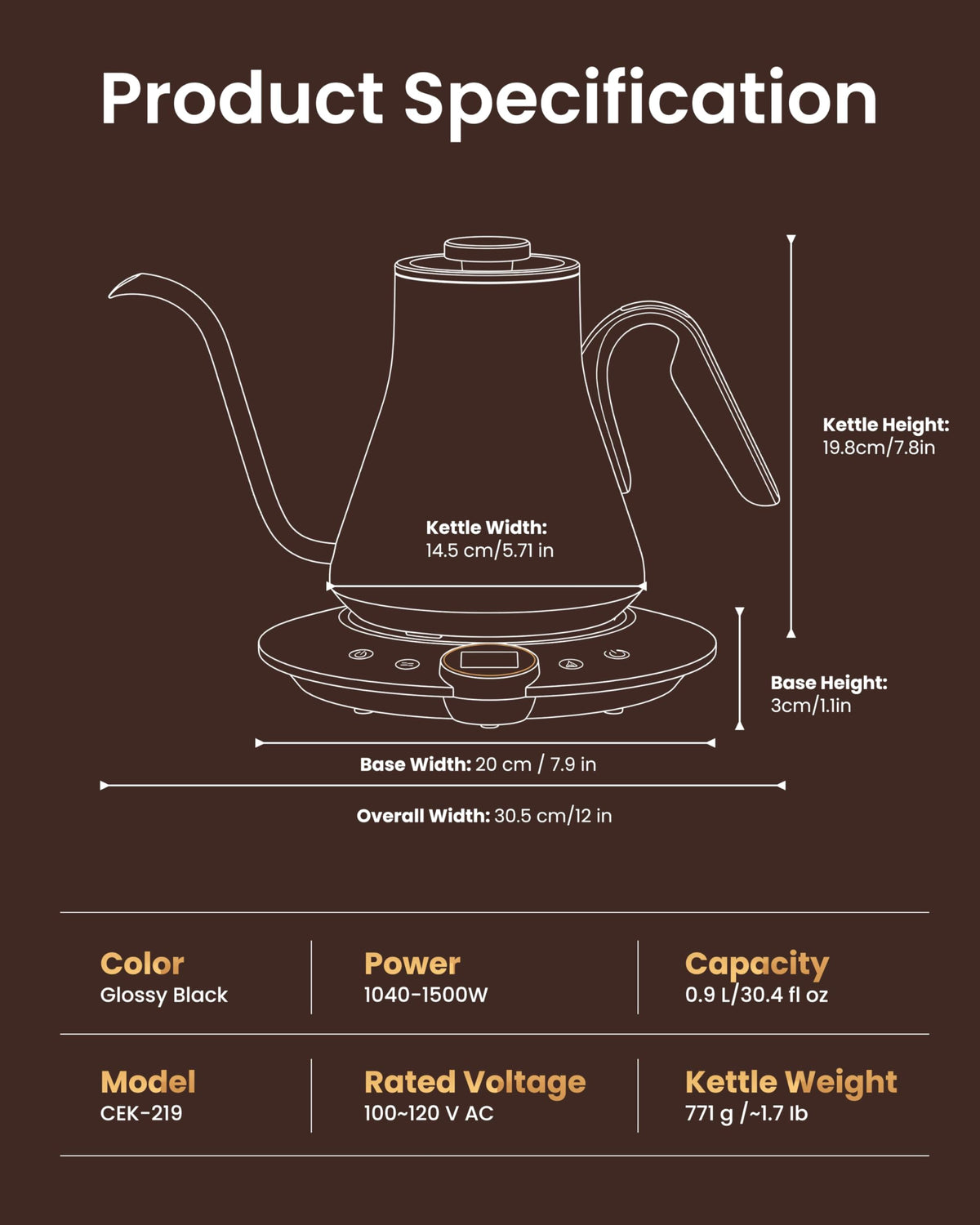 Gooseneck Electric Kettle (Glossy Black)