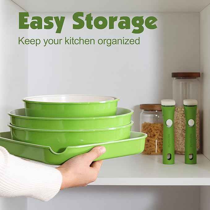 SENSARTE 17 Piece Ceramic Pots and Pans Set, Nonstick Detachable Handle Cookware, Induction Kitchen Cookware Set with Removable Handle, Dishwasher ＆ Oven Safe (Green)