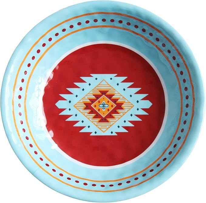 Paseo Road Southwest 14 Piece Melamine Plastic Dinnerware Set with Plates, Bowls and Serving Platter, Aztec Geometric Pattern, Western Southwestern Rustic Cabin Lodge Style