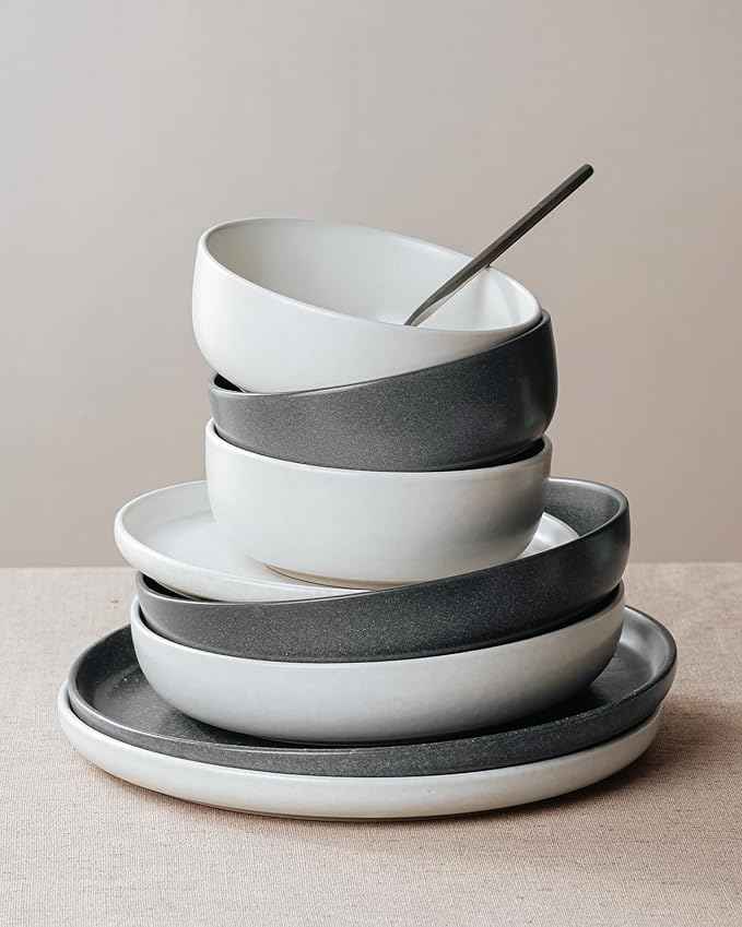 Famiware Milkyway Plates and Bowls Sets, 12 Pieces Dinnerware Sets, Reactive Glaze Dish Set, Stoneware Dishes Set for 4, Matte Beige White & Matte Dark Charcoal