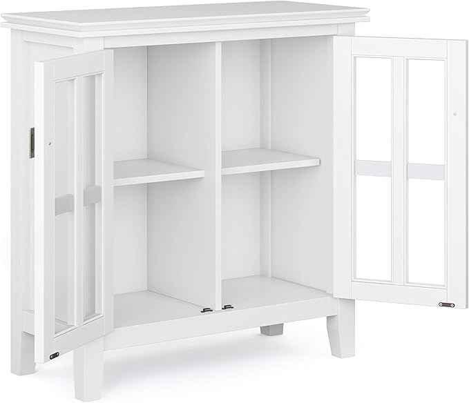 SIMPLIHOME Artisan Storage Cabinet - 30 inch Wide Solid Wood Low Storage Cabinet in White, Contemporary Accent Cabinet for Living Room or Dining Room with Glass Doors and Adjustable Shelves