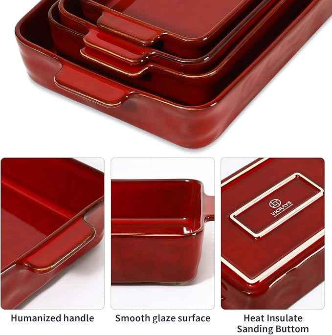 VICRAYS Ceramic Bakeware Set, Porcelain Rectangular Lasagna Pans Casserole Dish Set for Baking, Cooking, Kitchen, Cake Dinner, Banquet and Daily Use, 4 PCS, Cherry Red(9.52"/11.06"/11.77"/14.56")