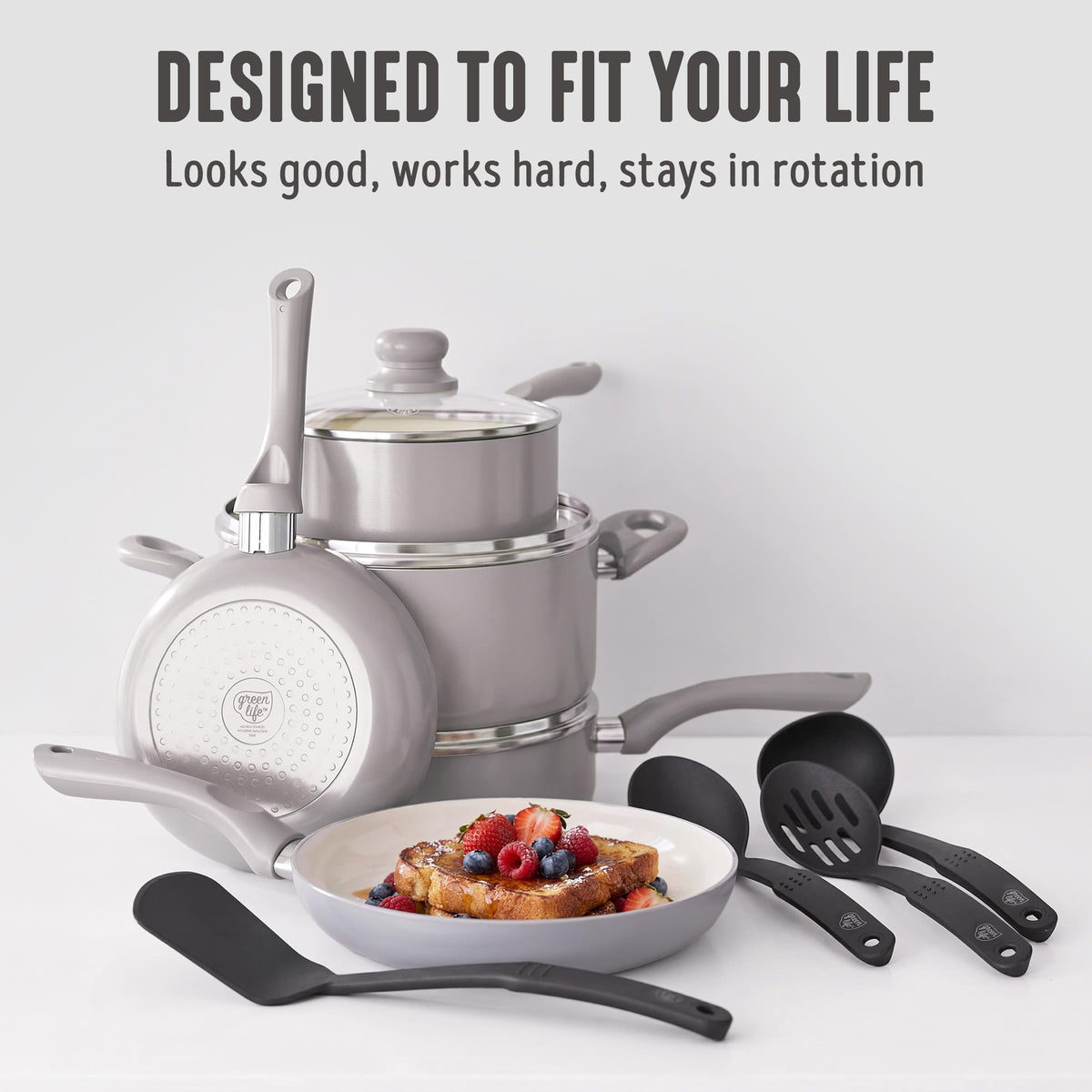 16pc Ceramic Nonstick Pots & Pans Cookware Set (16 Piece Cookware Set / Bloom / Gray)