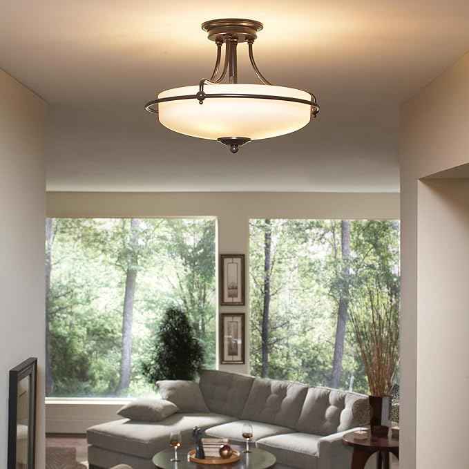 Quoizel Griffin Semi-Flush Mount Ceiling Light, 17 Inch 3-Light Palladian Bronze Opal-Etched Frosted Glass Shade, Hanging Light Fixture for Hallway, Kitchen, Bedroom, Dining, Farmhouse or Office