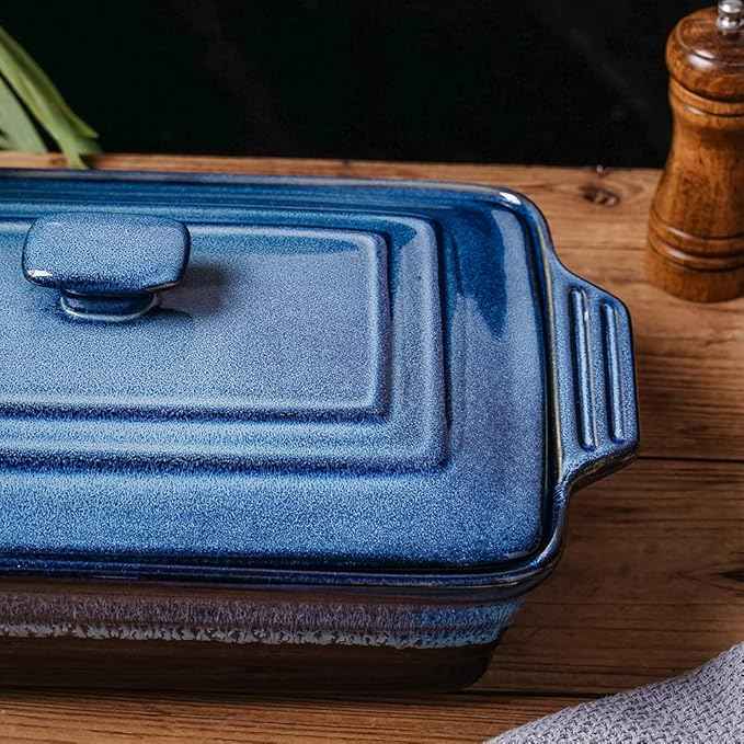 KOOV Ceramic Casserole Dish With Lid, Covered Rectangular Set, Lasagna Pan for Cooking, Baking Dish for Dinner, Kitchen, 9 x 13 Inches, Reactive Glaze (Nebula Blue)