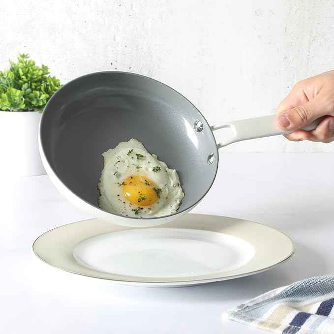 Martha Stewart Emmeline Premium Nonstick PFA Free Ceramic Interior 12 Piece Heavy Gauge Enamel Aluminum Pots and Pans Cookware Set - Linen White