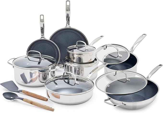 Blue Diamond Hybrid Nonstick Stainless Steel 16 Piece Cookware Set, Tri-Ply PFAS-Free Ceramic Diamond Bond Pots & Pans, Dishwasher & Oven Safe to 850F, Induction Ready, Metal Utensil Safe, Silver