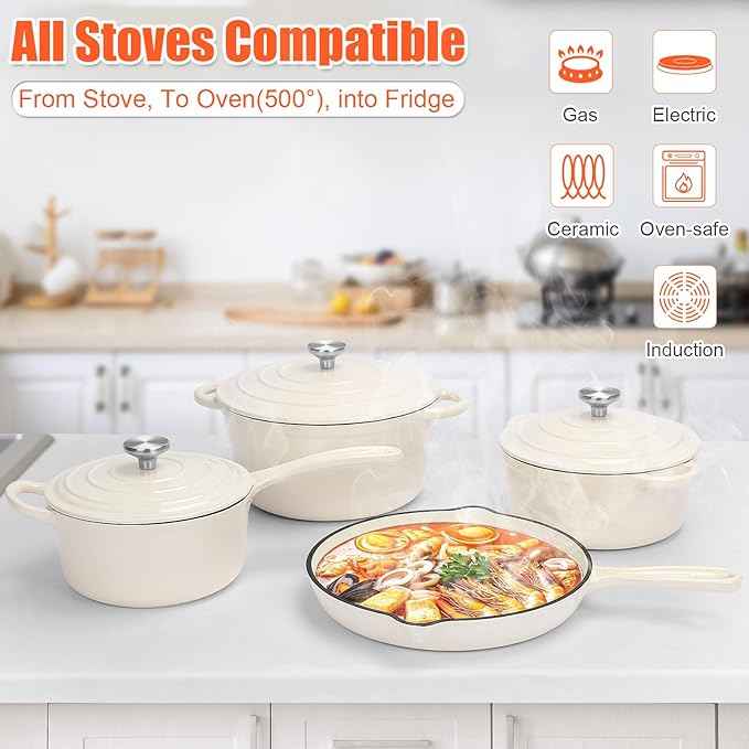 QuliMetal Nonstick Enameled Cast Iron Cookware Set, 7-Pcs Pots and Pans with Lid, Frying Pan Skillet, Sauce Pan, Healthy Round Dutch Oven Pot for Sourdough Bread Baking on All Stovetop, Cream White