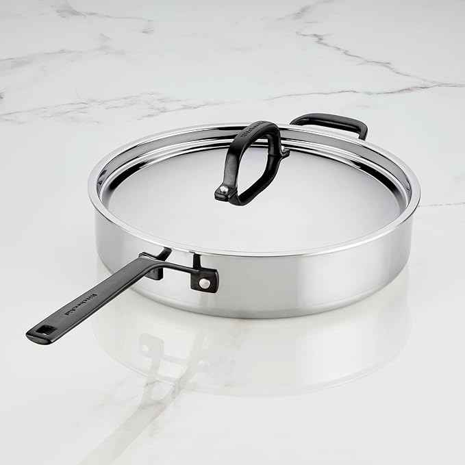 KitchenAid 5-Ply Clad Stainless Steel Stainless Steel Induction Saute Pan with Lid, 5 Quart - Polished Stainless Steel