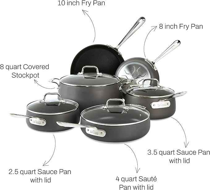 All-Clad HA1 Hard Anodized Nonstick Cookware Set 10 Piece Induction Oven Broiler Safe 500F, Lid Safe 350F Pots and Pans Black