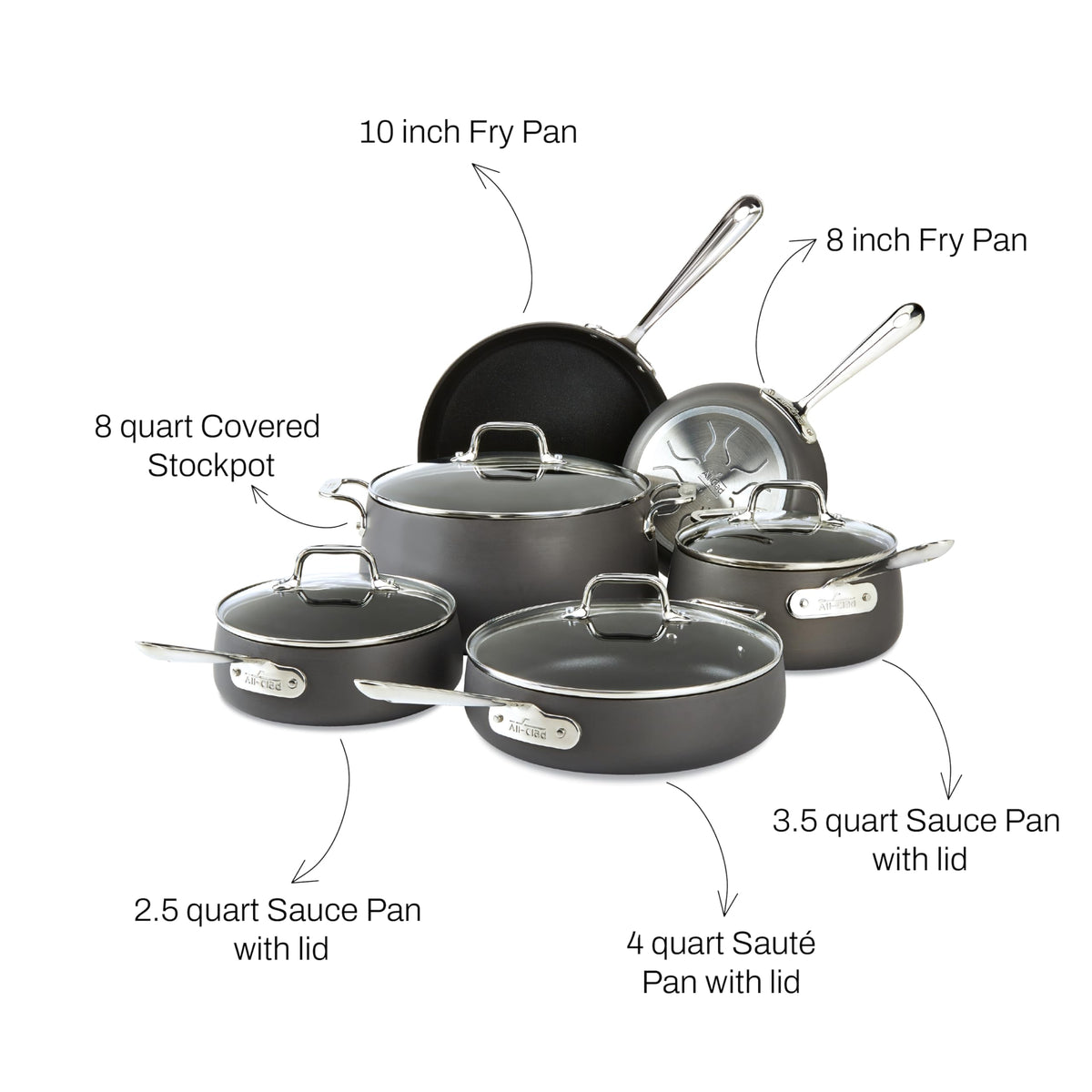 HA1 Hard Anodized Nonstick Cookware Set 10 Piece Induction Oven Broiler Safe 500F (10 Piece Set)