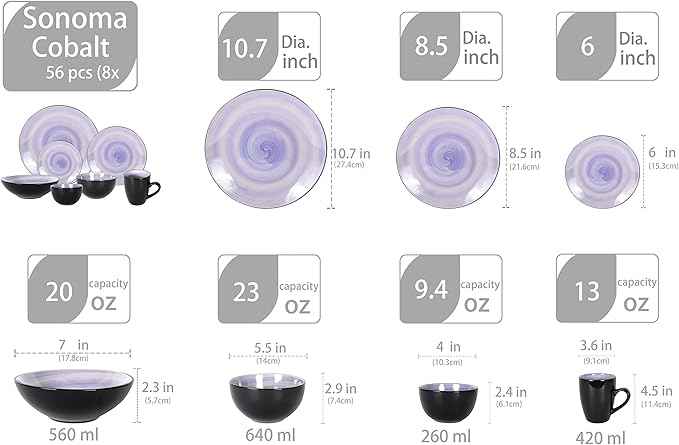 Stoneware Sonoma Dinnerware Set, Black + Speckled Handpainting (56pc Set, Cobalt)