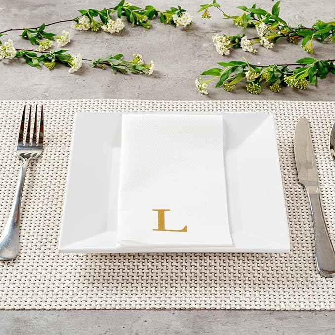 Luxenap 15.8 X 7.9 Inch Linen-Feel Guest Towels, 50 Lettered Hand Towels - Gold Letter 'L', Sans Serif Font, White Paper Dinner Napkins, airlaid, For Restrooms And Tables