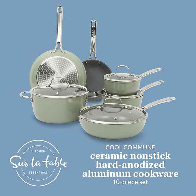 Sur La Table Kitchen Essentials Cool Commune Hard Anodized 10 Piece PFA Free Ceramic Non stick Interior Forged Durable Aluminum Pots and Pans Cookware Set - Green - Induction Compatible