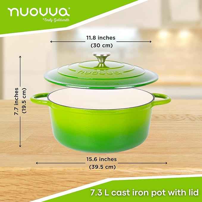 Cast Iron Dutch Oven with Lid – Non-Stick Ovenproof Enamelled Casserole Pot – Sturdy Dutch Oven Cookware – Green, 7.3-Quart, 30cm – by Nuovva