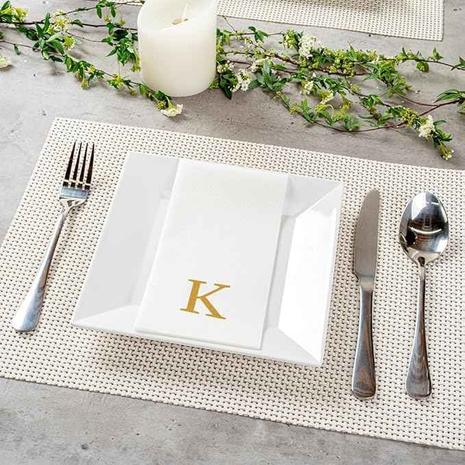Luxenap 15.8 X 7.9 Inch Linen-Feel Guest Towels, 50 Lettered Hand Towels - Gold Letter 'K', Sans Serif Font, White Paper Dinner Napkins, airlaid, For Restrooms And Tables