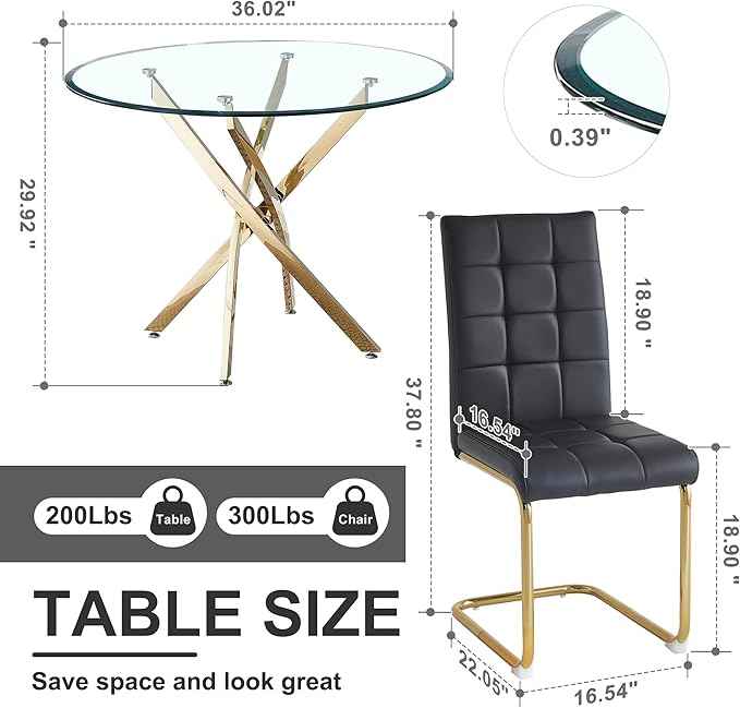 AF ARTISAN FURNITURE 5 Piece Round Glass Dining Table Set, Gold Glass Kitchen Table Set for 4 Modern Table Set with 4 Black PU Upholstered Dining Chairs, for Small Space, Breakfast Nook