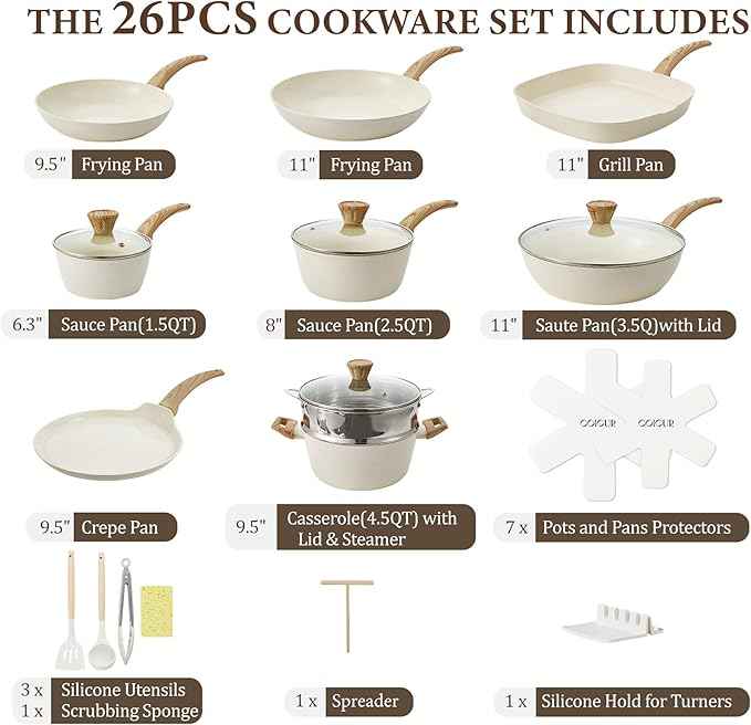 26Pcs Pots and Pans Nonstick Ceramic Cookware Set Nontoxic Kitchen Cooking Set with Steamers Utensils Induction Compatible, PFAS/PFOA Free, Oven and Dishwasher Safe, Cream White