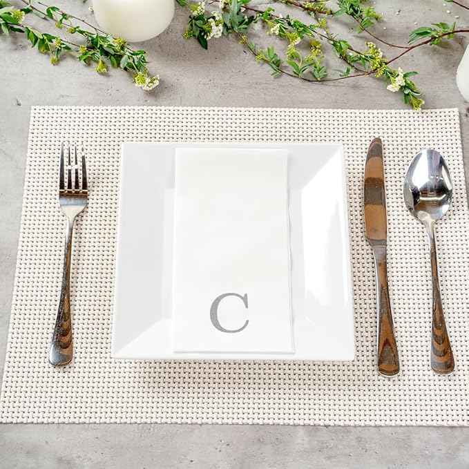 Luxenap 15.8 X 7.9 Inch Linen-Feel Guest Towels, 50 Lettered Hand Towels - Silver Letter 'C', Sans Serif Font, White Paper Dinner Napkins, airlaid, For Restrooms And Tables - Restaurantware