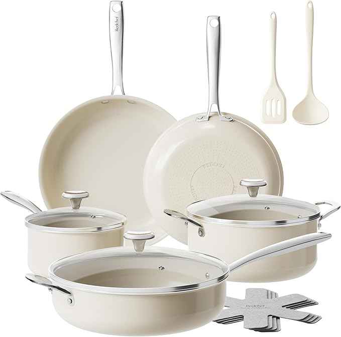 Redchef Ceramic Nonstick Cookware Set,14pcs Pots and Pans Set Non Stick,Induction Cookware with Stainless Steel Handle,Non Toxic Kitchen Cooking Set,Dishwasher & Oven Safe,PFAS PFOA & PTFE Free