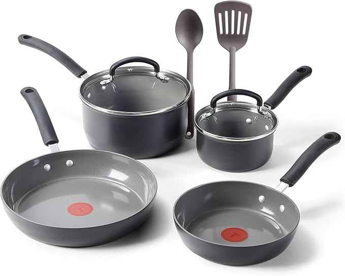 T-Fal Ultimate Hard Anodized Ceramic Nonstick 8 Piece Cookware Set, Oven Safe Up to 400°F, Dishwasher Safe, Pots and Pans Set, Includes Frying Pans, Saucepan, Cooking Utensils, Grey