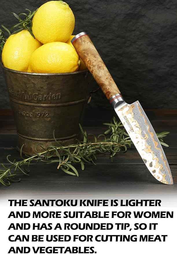 YOUSUNLONG Santoku Knife 5 Inch - Handmade Japanese Chef's Knife Copper Damascus Steel Blade - Ultra Sharp Asian Knife - Natural Walnut Wooden Handle with Acacia Wood Box