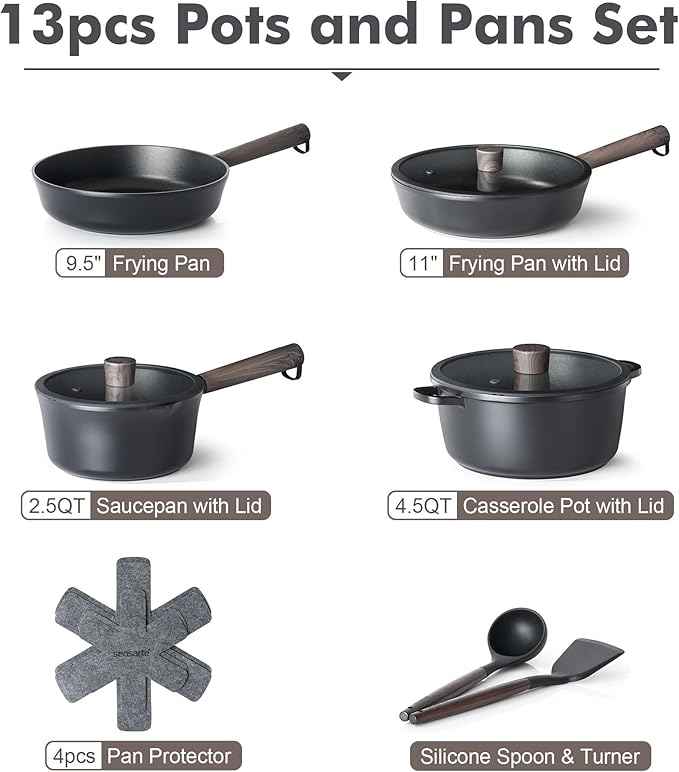 SENSARTE Pots and Pans Set Nonstick Cookware Set Kitchen Cooking Set Non-stick, Dishwasher & Oven Safe, Induction Compatible, Free of Intentionally Added PFOA/PFOS, 13pcs, Black
