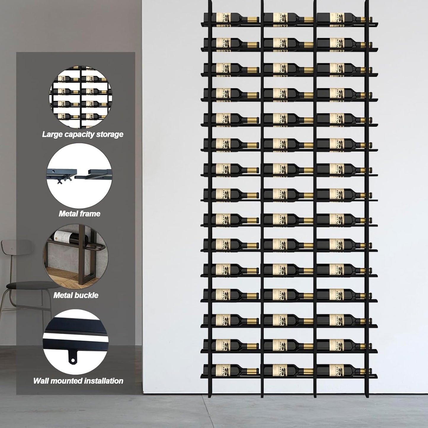 Wine Rack Freestanding Floor, 16 Tier 80 Bottle Capacity Display Holder, Black Industrial Wine Bottle Storage Shelves, for Any Bar, Wine Cellar, Kitchen, Dining Room (Gold, 5 Column)