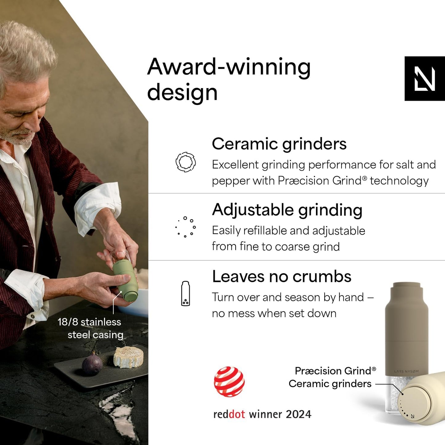 LARS NYSØM Salt and Pepper Grinder Set, Stainless Steel Manual Salt and Pepper Mills, Adjustable Ceramic Grinder, Design Spice Shakers (Brown/Beige)