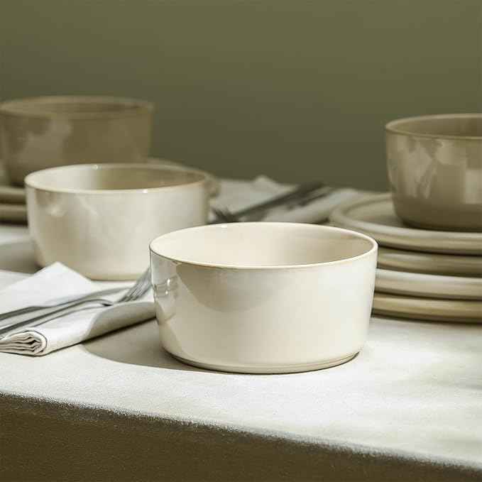 Stone Lain Eden 12-Piece Dinnerware Set Stoneware, Plates and Bowls Set, Dishwasher and Microwave Safe Dish, Dish Set for 4, Beige