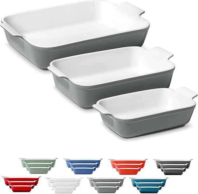 Stoneware Casserole Dish Bakeware Set of 3 | Rectangular Dinnerware Set with Handles [Modern Grey]