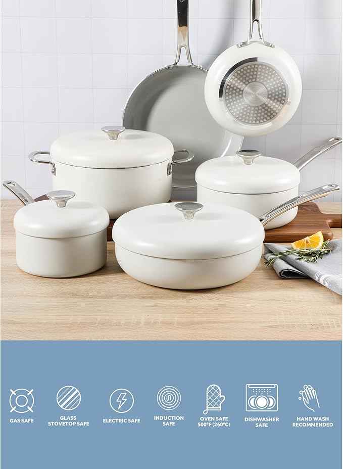 Sur La Table Kitchen Essentials Potluck Porch 10 Piece PFA Free Ceramic Non stick Interior Forged Aluminum Cookware Pots and Pans Set W/Aluminum Lids - Linen White - Induction Compatible