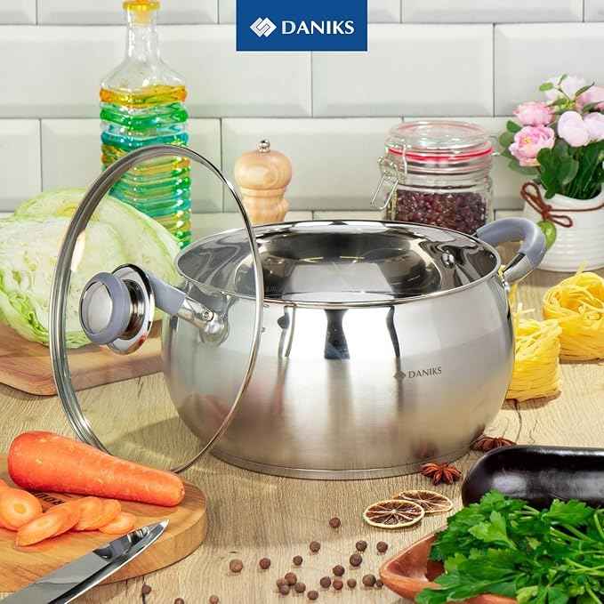 Daniks Modern 4 Quart Stainless Steel Stock Pot with Glass Lid, Tri-Ply Bottom for Even Heating, Induction Compatible, Dishwasher Safe, Heatproof Handles
