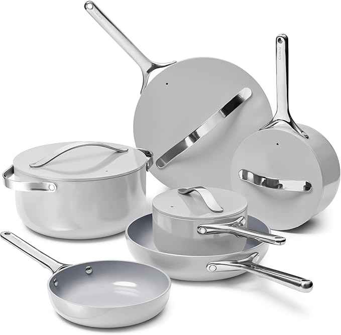 Caraway Deluxe Non-stick Ceramic Cookware Set (16 Piece) Pots, Frying Pans, Lids and Kitchen Storage - PFAS & PFOA Free - Oven Safe Pan Set & Compatible with All Stovetops - Gray