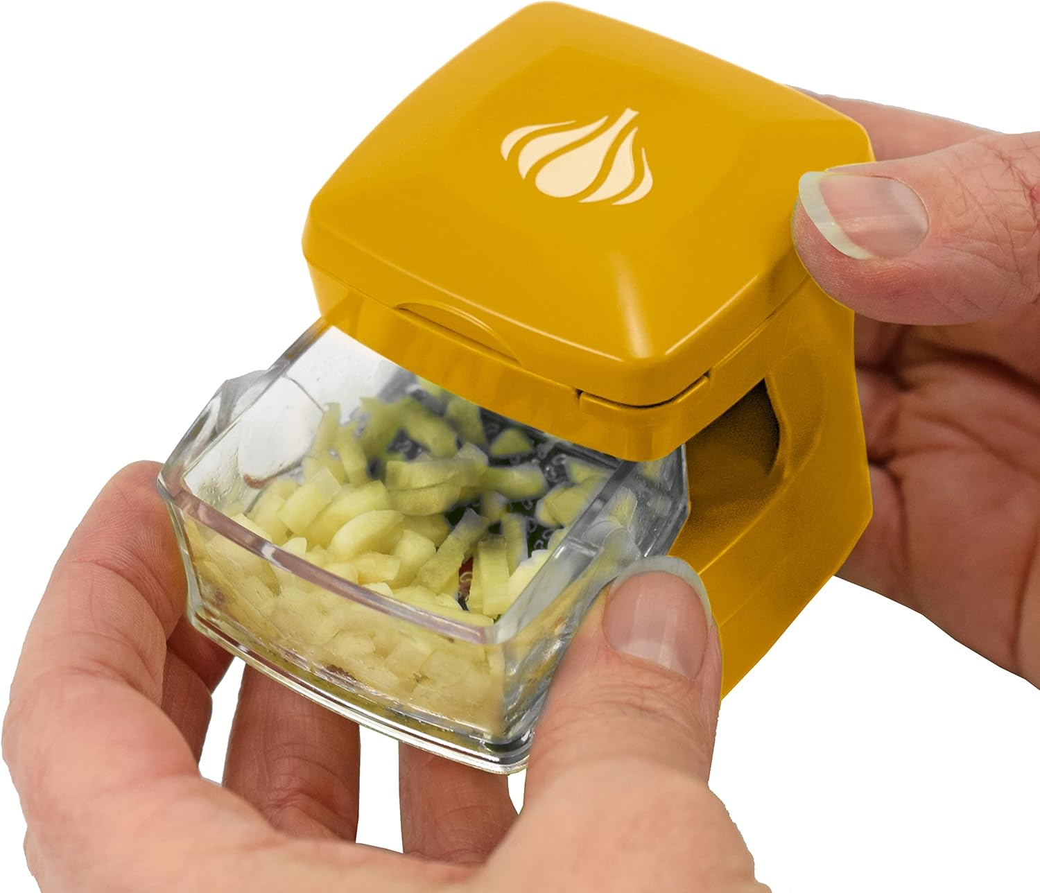 Garlic-A-Peel Garlic Press, Crusher, Cutter, Mincer, and Storage Container - Includes Silicone Garlic Peeler - Easy to Clean - Stainless Steel Blades – (Honey), standard - HomeSpice