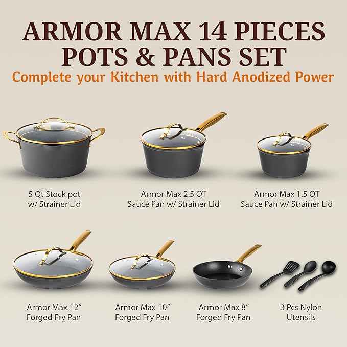 GRANITESTONE 14pcs Induction Pots and Pans Set Non Stick Cookware Set with 3 Utensils, Premium Chef Quality Forged Hard Anodized Exterior with Armor Max Coating Lasts 8x Longer, Oven & Dishwasher Safe