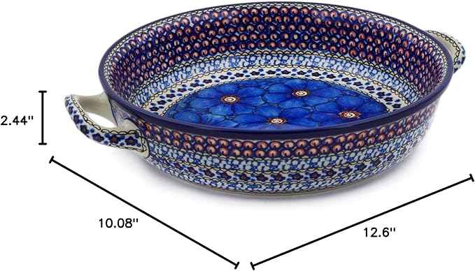 Polmedia Polish Pottery Round Baker with Handles 10-inch UNIKAT - Cobalt Poppies Pattern Handmade in Boleslawiec Poland by Ceramika Artystyczna + Certificate of Authenticity
