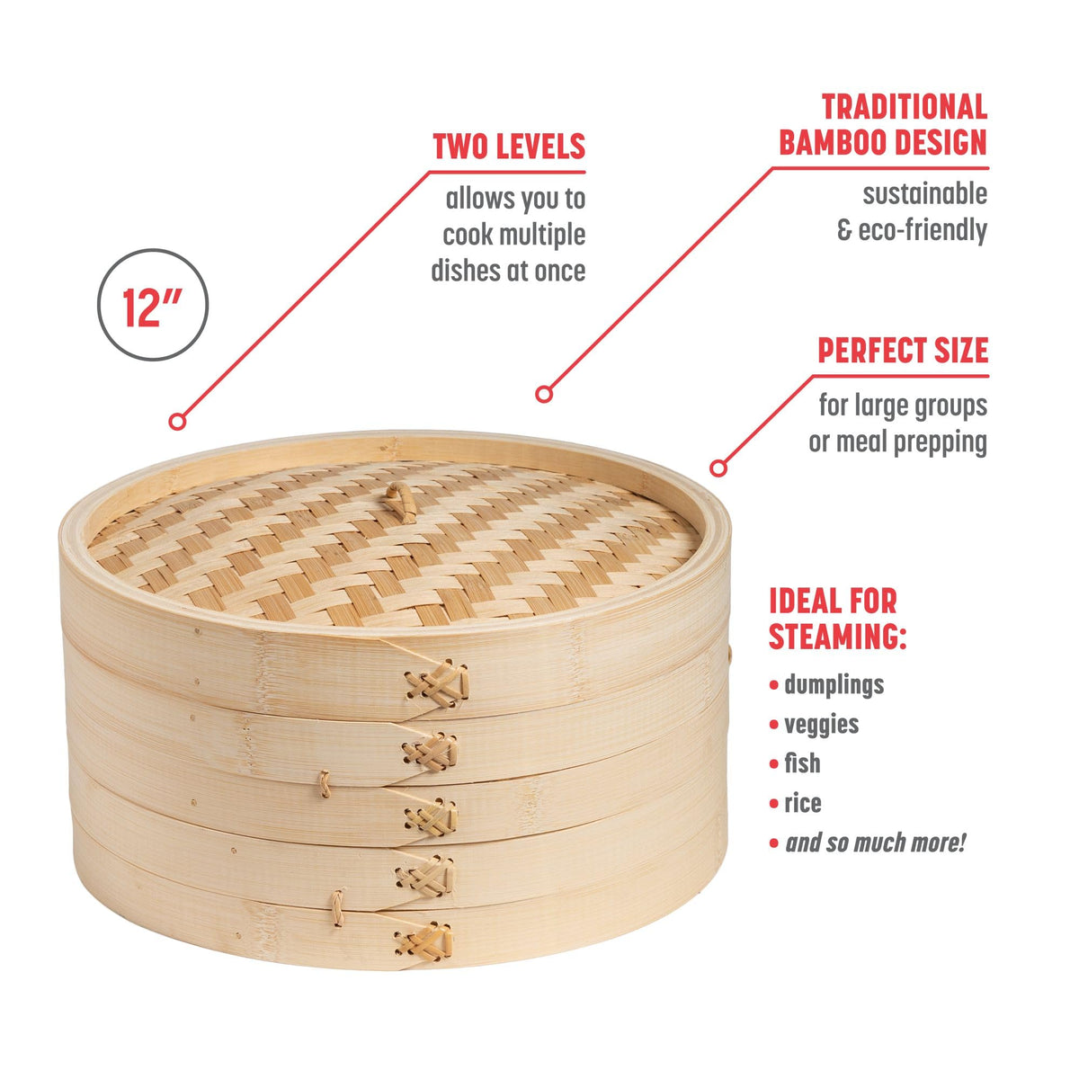 2 Tier Bamboo Steamer Baskets (12 inch - bamboo)