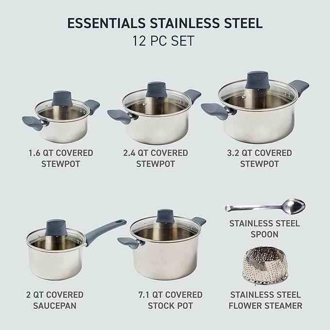 T-fal Essentials Stainless Steel Cookware Set 12 Piece, Induction Compatible, Oven Safe 350F, Cooking Set w/Stewpots, Stockpot, Saucepan, Lids & Tools, Measuring Marks, Dishwasher Safe, Silver/Blue