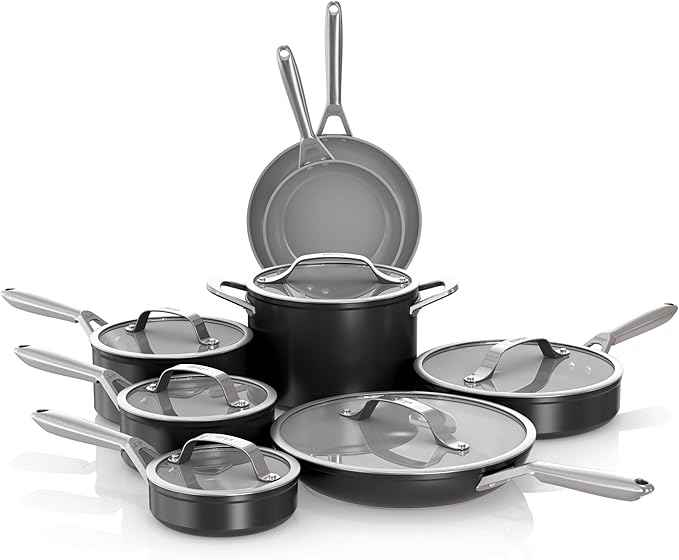 Ninja Ceramic Pro 14-Piece Cookware Set, Non-Stick Pots & Pans Set with Glass Lids, Nontoxic, PTFE Free, Ceramic Coated, Oven Safe, All Stovetops & Induction Compatible, Black, CW39014BK