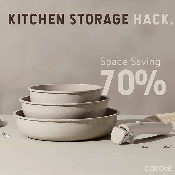 CAROTE 19pcs Pots and Pans Set Non Stick, Nonstick Cookware Set Detachable Handle, Induction Kitchen Cooking Sets with Removable Handle, RV Kitchen, Oven Safe, Taupe