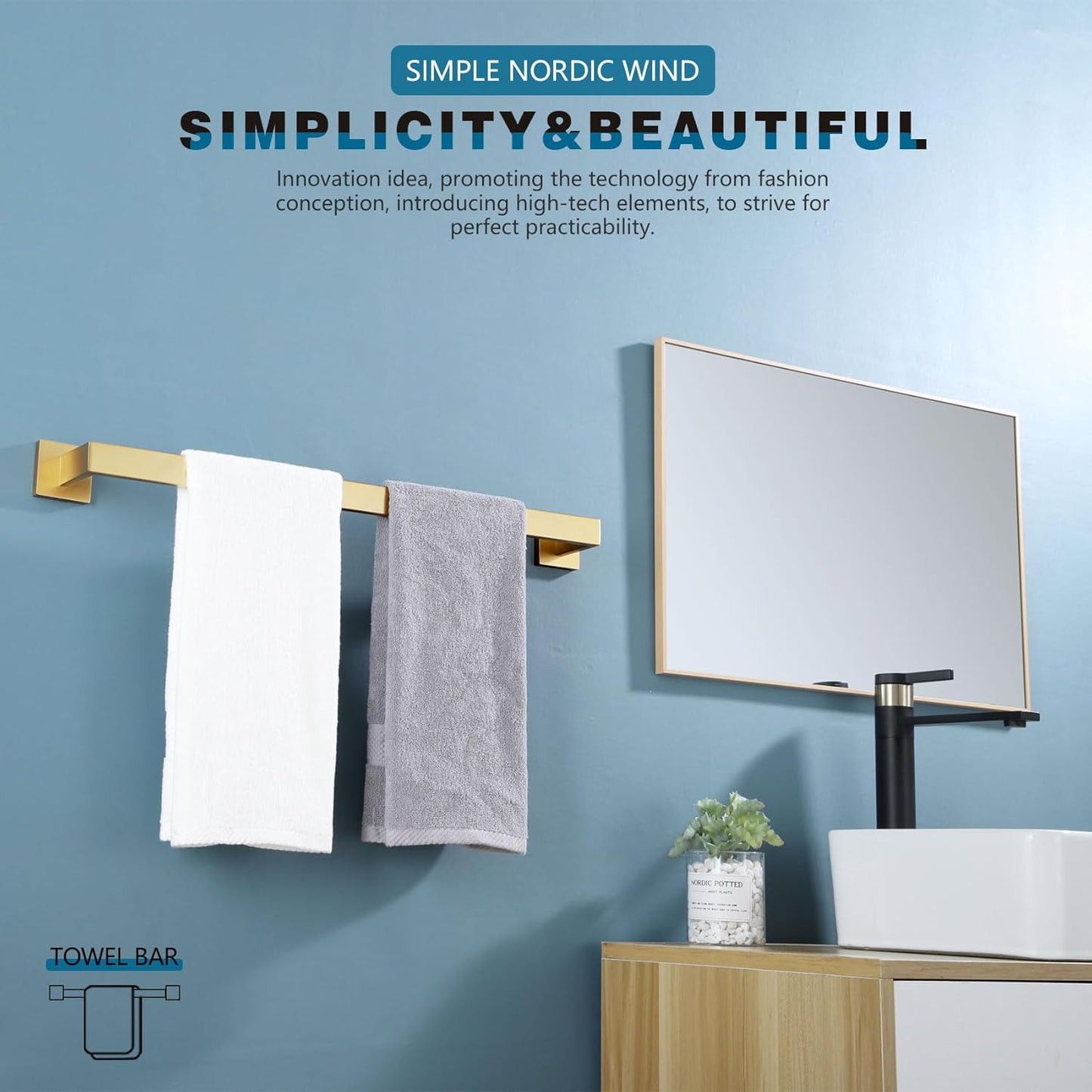 KOKOSIRI 24-Inch Single Towel Bar, Bathroom Kitchen Towel Holder, Wall Mounted SUS304 Stainless Steel Towel Rack, Brushed Gold, B4003BG-L24