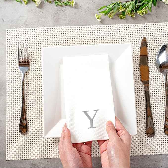Luxenap 15.8 X 7.9 Inch Linen-Feel Guest Towels, 50 Lettered Hand Towels - Silver Letter 'Y', Sans Serif Font, White Paper Dinner Napkins, airlaid, For Restrooms And Tables - Restaurantware