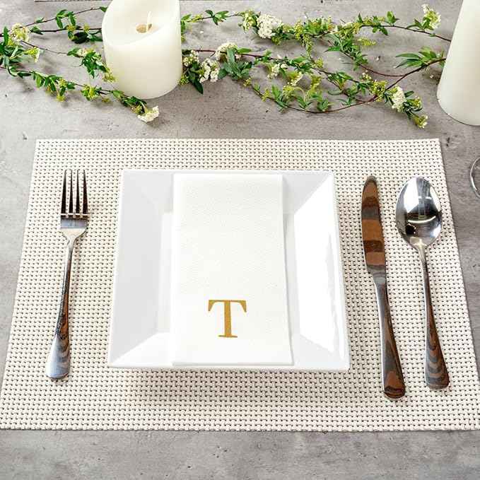 Luxenap 15.8 X 7.9 Inch Linen-Feel Guest Towels, 50 Lettered Hand Towels - Gold Letter 'T', Sans Serif Font, White Paper Dinner Napkins, airlaid, For Restrooms And Tables