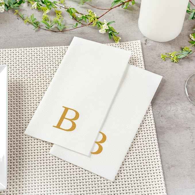 Luxenap 15.8 X 7.9 Inch Linen-Feel Guest Towels, 2000 Lettered Hand Towels - Gold Letter 'B', Sans Serif Font, White Paper Dinner Napkins, airlaid, For Restrooms And Tables - Restaurantware