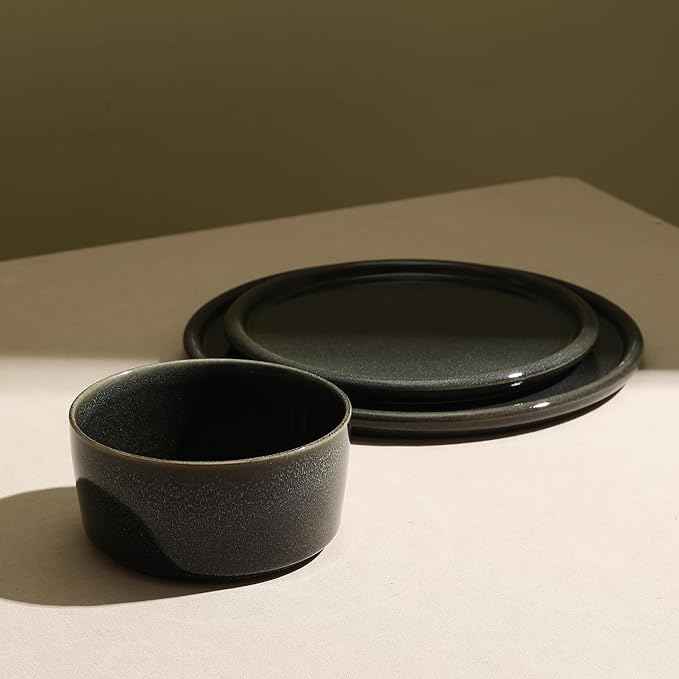Stone Lain Eden 24-Piece Dinnerware Set Stoneware, Plates and Bowls Set, Dishwasher and Microwave Safe Dish, Dish Set for 8, Charcoal Grey